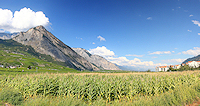 pano panorama panoramique montagne rando valais vallée suisse paysage plaine du rhône rivière bains de saillon château tour romaine champs maïs vignes abricots